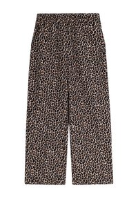 Leopard print wide-leg trousers with an elastic waistband. Fabric features a mix of beige, black, and brown tones in a bold animal pattern.