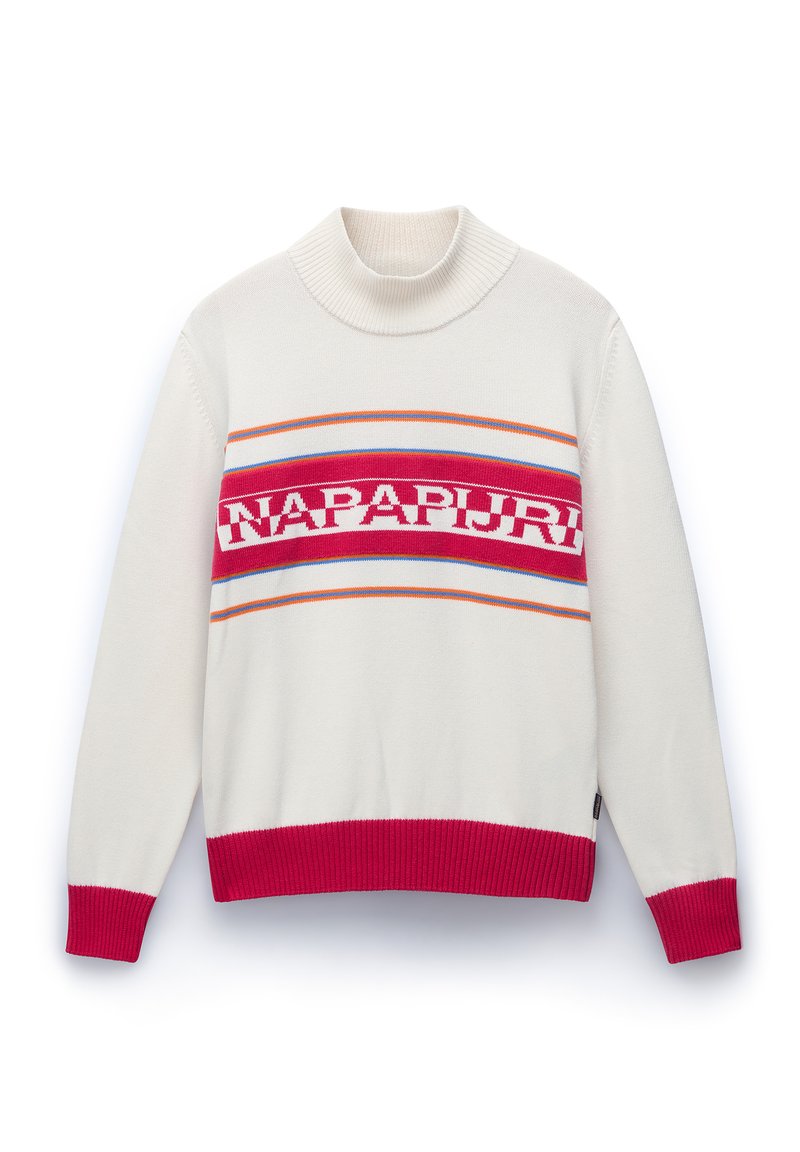 Biały sweter z prążkowanym dekoltem i brzegiem. Posiada poziomą różową i pomarańczową paski z białym napisem "NAPAPIJRI" na jednolitym tle.