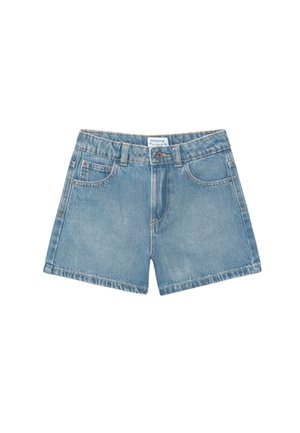 Pantaloncini in denim azzurro chiaro con bottone frontale, cerniera, passanti per cintura e due tasche frontali su sfondo bianco.