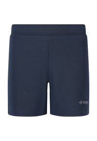 Marineblå sportsbukser med elastisk talje og lille "ZIGZAG" logo på nederste højre ben.