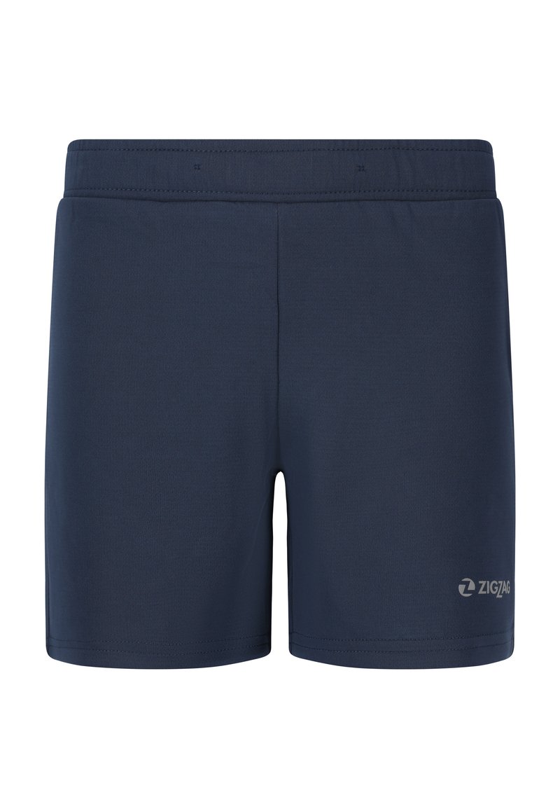 Marineblå sportsbukser med elastisk talje og lille "ZIGZAG" logo på nederste højre ben.
