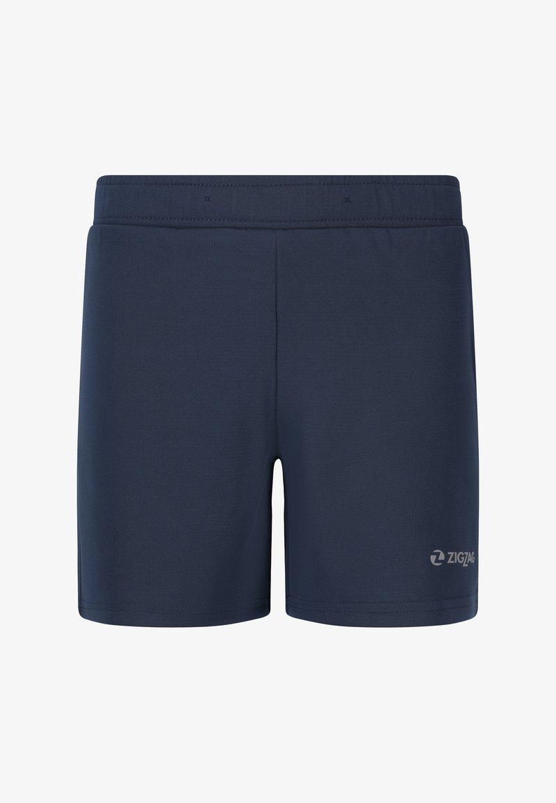 Marineblaue Sportshorts mit elastischem Bund und kleinem "ZIGZAG"-Logo am unteren rechten Bein.