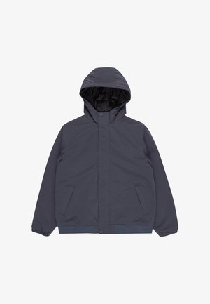 Marine foretaksjakke med hætte, frontlukning med trykknapper, to sidelommer og elastiske manchetter. Glat yderstof med mat finish.