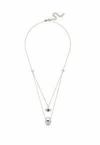 Silver-toned necklace with two layered chains, featuring an eye and hamsa hand pendants, each adorned with blue accents.