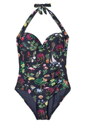 Maillot de bain une-pièce à col halter avec bonnets rembourrés, fond sombre et imprimé coloré d'oiseaux tropicaux, plantes, fruits et voiliers.