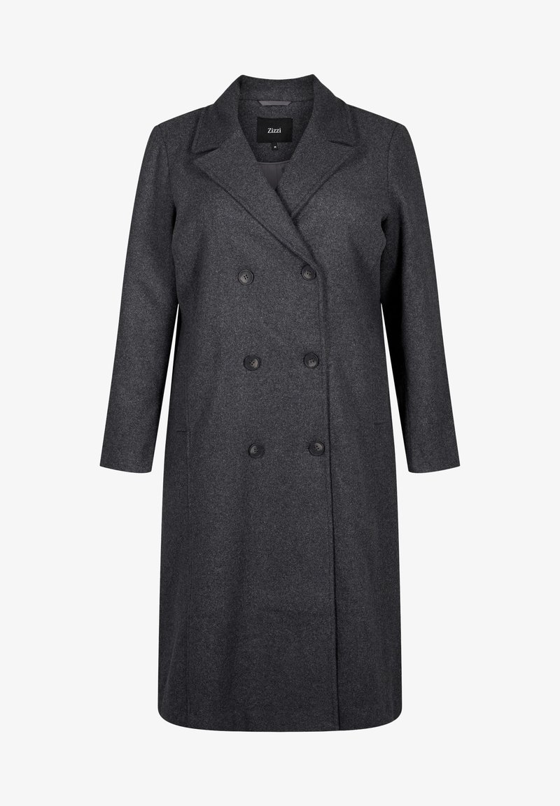 Cappotto grigio in misto lana con design doppiopetto, colletto a punta, maniche lunghe e grandi bottoni neri. Presenta tasche laterali.