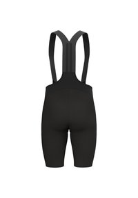 Sorte sykkeltights med justerbare stropper, sømløst design og polstret seteområde for komfort, laget av elastisk materiale.