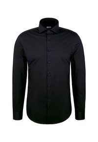 Camicia da uomo a maniche lunghe nera con chiusura a bottoni e colletto classico, presentata su uno sfondo bianco.