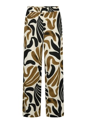 Bukser med brede ben og abstrakte, sorte og brune bladlignende mønstre på en hvid baggrund, med høj talje og elastisk taljebånd.