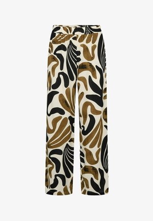 Hose mit weitem Bein, bedruckt mit abstrakten schwarzen und braunen blattähnlichen Mustern auf weißem Hintergrund, ausgestattet mit hohem Bund und elastischem Taillenbund.
