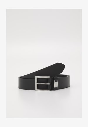 Black leather belt with a sleek, smooth texture, featuring a silver metal buckle and subtle branding detail.