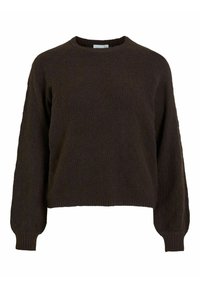 Brązowy sweter z dzianiny o teksturowanym wzorze, okrągłym dekolcie i długich rękawach. Żebrowane mankiety i dół dopełniają design.