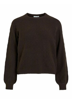 Brązowy sweter z dzianiny o teksturowanym wzorze, okrągłym dekolcie i długich rękawach. Żebrowane mankiety i dół dopełniają design.