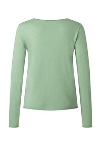 Jasnozielony sweter z długim rękawem i okrągłym dekoltem. Miękka faktura, prosty design i proste wykończenie u dołu. Brak widocznych ozdób.