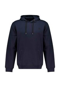 Marineblauwe hoodie van een katoenmix, met een trekkoordcapuchon, voorste zak en ribgebreide boorden, en met een subtiele logo op de borst.