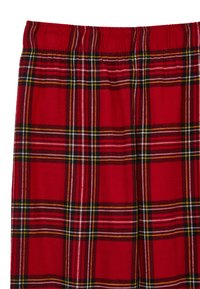 Pantaloni a quadri rossi con elastico in vita, caratterizzati da linee nere, gialle e bianche in un motivo a scacchi. Tessuto morbido, design casual.