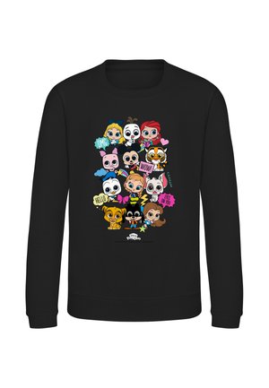 Sort sweatshirt med farverige tegneserie-Disney-figurer stablet med talebobler, der siger OMG, WOW, HELLO og EYES ON YOU.