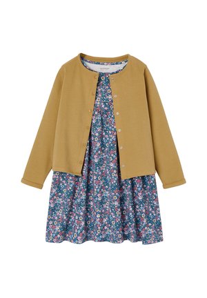 Mustard buttoned cardigan over blue floral-patterned dress with pink, white, and green flowers, shown flat on a white background.