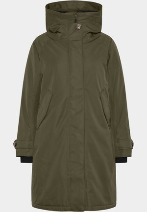 Olijfgroene parka met een capuchon, voorzien van een ritssluiting, twee voorzakken en knoopaccenten op de mouwen. Soepele, waterafstotende stof.