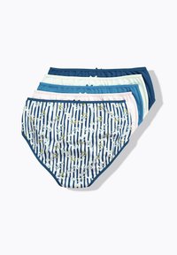 Set van vijf damesonderbroeken in verschillende kleuren. Eén heeft een bloemen-strik patroon; de andere zijn effen in tinten blauw, groen en roze.