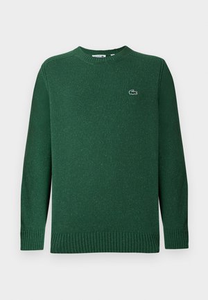 Suéter de punto de manga larga en un verde oscuro con puños, cuello y dobladillo acanalados, que presenta un pequeño logotipo de cocodrilo bordado en el lado izquierdo del pecho.