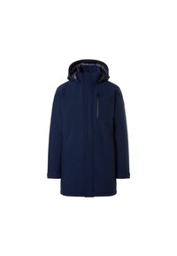 Námořnický modrý zateplený parka kabát s kapucí, má přední zip, zipovou náprsní kapsu a dlouhé rukávy. Hladká textura a minimalistický design.
