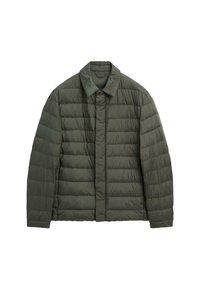 Padded jacket in dark green, featuring a collared neck, quilted texture, front placket closure, and straight silhouette with no visible fasteners.