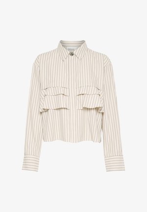 Beige cropped Shirt mit vertikalen Streifen, ausgestattet mit einem Button-Up-Kragen, zwei horizontalen Klappentaschen und Rüschendetails auf der Vorderseite.