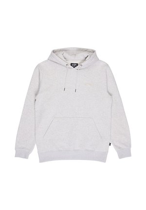 Hellgrauer Kapuzenpullover mit Fronttasche, Kordelzug und gerippten Bündchen und Saum, auf weißem Hintergrund dargestellt.