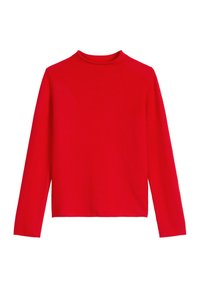 Czerwony długi rękaw golf z gładkiego materiału, o wysokim dekolcie i prostym kroju, bez widocznych wzorów czy akcentów.