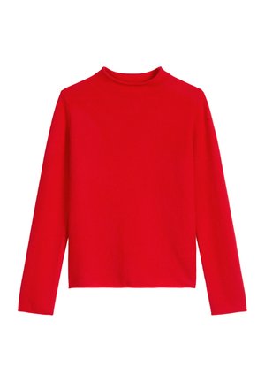 Rotes Langarm-Turtleneck aus glattem Stoff, mit hohem Kragen und geradem Schnitt, ohne sichtbare Muster oder Akzente.