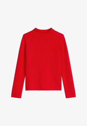 Rotes Langarm-Turtleneck aus glattem Stoff, mit hohem Kragen und geradem Schnitt, ohne sichtbare Muster oder Akzente.