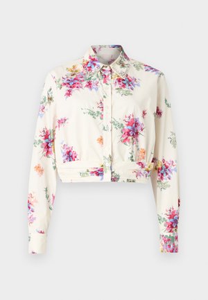 Gekürztes Hemd aus cremefarbenem Stoff mit mehrfarbigem Blumenmuster. Verfügt über lange Ärmel, einen Kragen und eine Knopf-Front mit dekorativen Kragenakzenten.