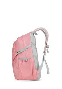 Zaino rosa con accenti grigi, dotato di tasche laterali in rete, spallacci regolabili e schienale imbottito per il comfort. Tessuto durevole e design snello.