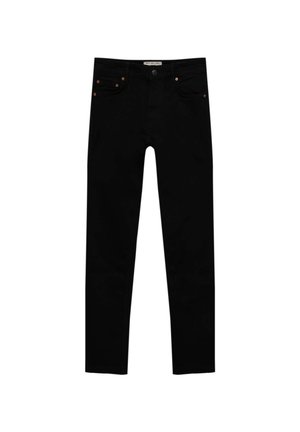 Schwarze Jeans aus Denim mit Slim Fit, ausgestattet mit Fronttaschen, kupferfarbigen Nieten und einem Knopfverschluss. Der Stoff wirkt glatt und leicht.