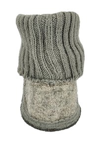 Grey knitted indoor boot with a ribbed upper, soft texture, and a plush base. Features a subtle pattern on the lower section.