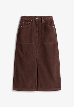 Brown corduroy skirt with a straight design, front slit, two large front pockets, and a branded waistband. Metal button closure with studs.