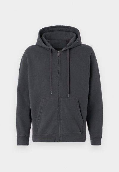 Dark gray zip-up hoodie with a drawstring hood, front pockets, ribbed cuffs, and a soft texture. Simple design, no patterns or accents.