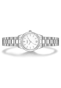 Hõbedane roostevabast terasest kell ümmarguse valge kellapära, hõbedased tundmärgid ja poleeritud käevõru, mis sisaldab harjatud linke.