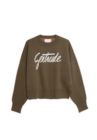 Sweat-shirt vert olive avec un design court, comportant le texte en cursive blanche "Getrude" et un patch logo sur la manche. Tissu doux.