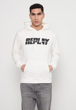 Witte hoodie met een groot zwart "REPLAY" logo op de voorkant. Het heeft een voorzak en verstelbare koordjes voor de capuchon.