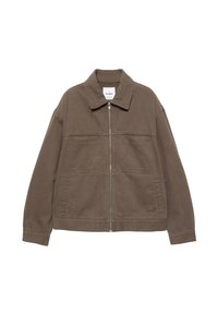 Veste en coton marron avec fermeture zippée, deux poches latérales, un col et une coupe droite. Style minimaliste sans motifs.