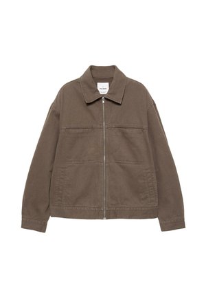 Brown cotton jacket with a zip closure, two side pockets, a collared neckline, and a straight cut design. Minimalist style with no patterns.