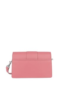 Borsa a mano in pelle rosa con forma rettangolare, design strutturato e superficie liscia. Presenta una chiusura a pattina e una tracolla removibile.