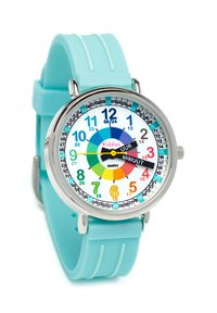 Montre à quartz avec un cadran circulaire coloré, affichant des chiffres et des aiguilles en gras. Le bracelet en silicone turquoise est flexible et texturé.