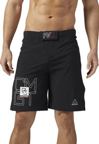 Svarta badshorts med dragsko i midjan, med vita och röda grafiska logotyper på framsidan. Tillverkade av lätt och snabbtorkande material.