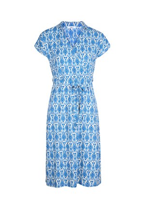 Blauwe jurk met patronen, korte mouwen, strik taille en ingewikkelde witte en donkeren blauwe geometrische ontwerpen op lichte stof.