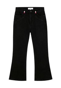 Black flared jeans made of denim, featuring two front pockets, a zip fly, and decorative beaded accents on the waistband.
