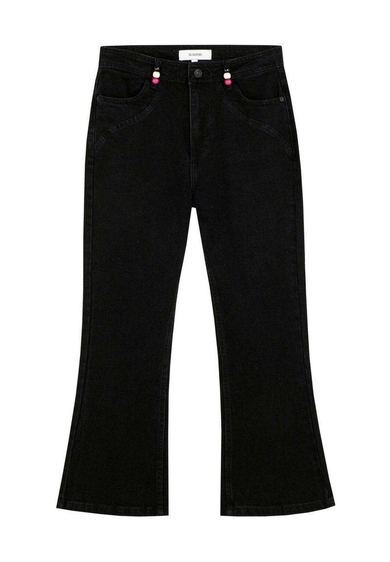 Black flared jeans made of denim, featuring two front pockets, a zip fly, and decorative beaded accents on the waistband.