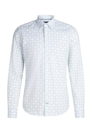 Weißes Hemd mit langen Ärmeln und Knopfleiste, versehen mit einem dezenten hellblauen geometrischen Muster und spitzem Kragen.
